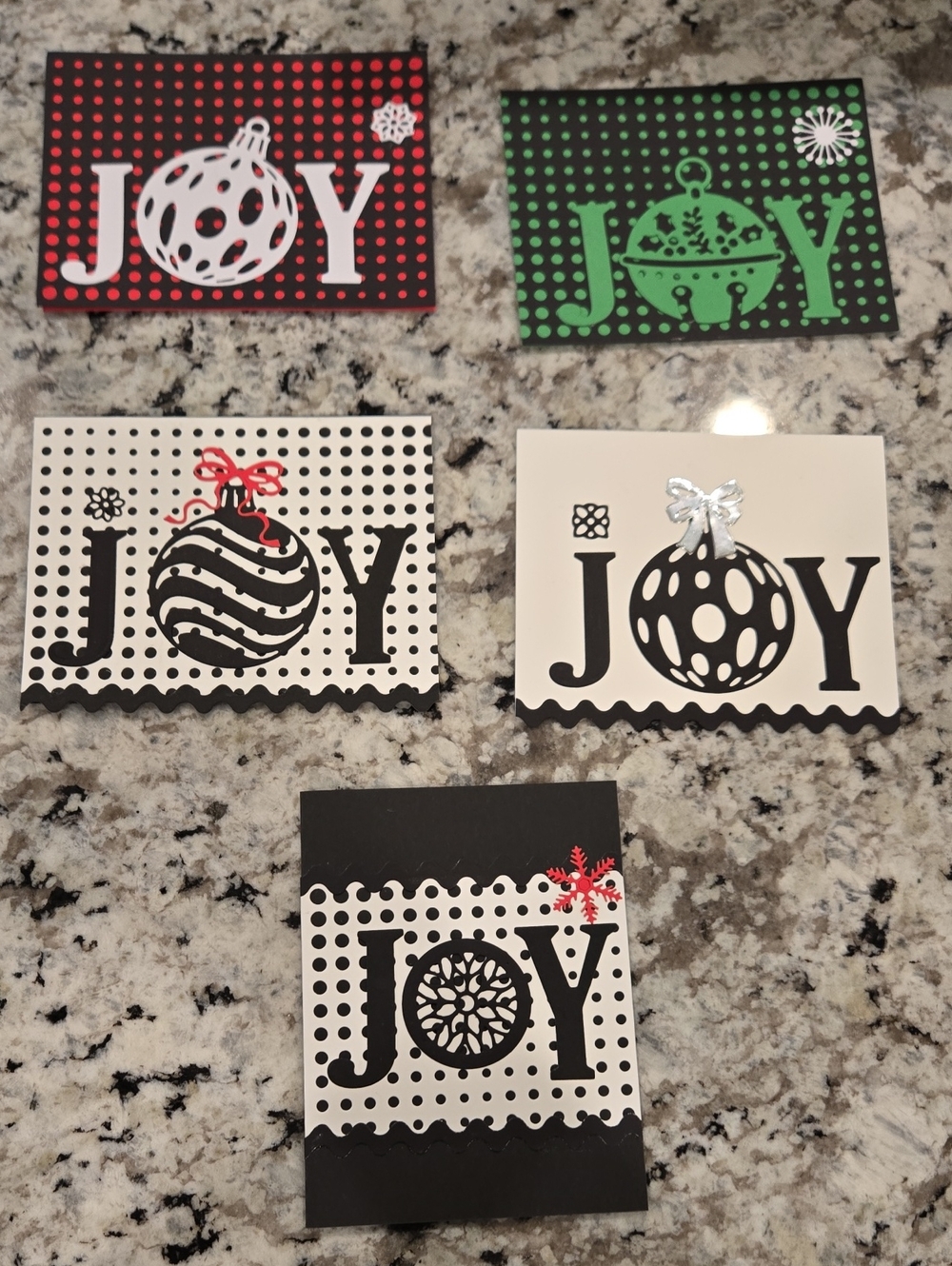 Hand Crafted JOY Holiday Cards Set Of 5 - Black, White, Red, Green